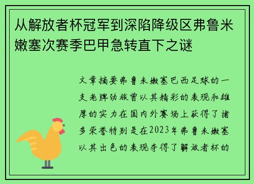 从解放者杯冠军到深陷降级区弗鲁米嫩塞次赛季巴甲急转直下之谜